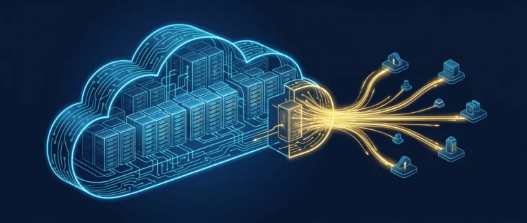 Ilustración de una nube de servidores distribuyendo capacidad de cómputo hacia empresas
