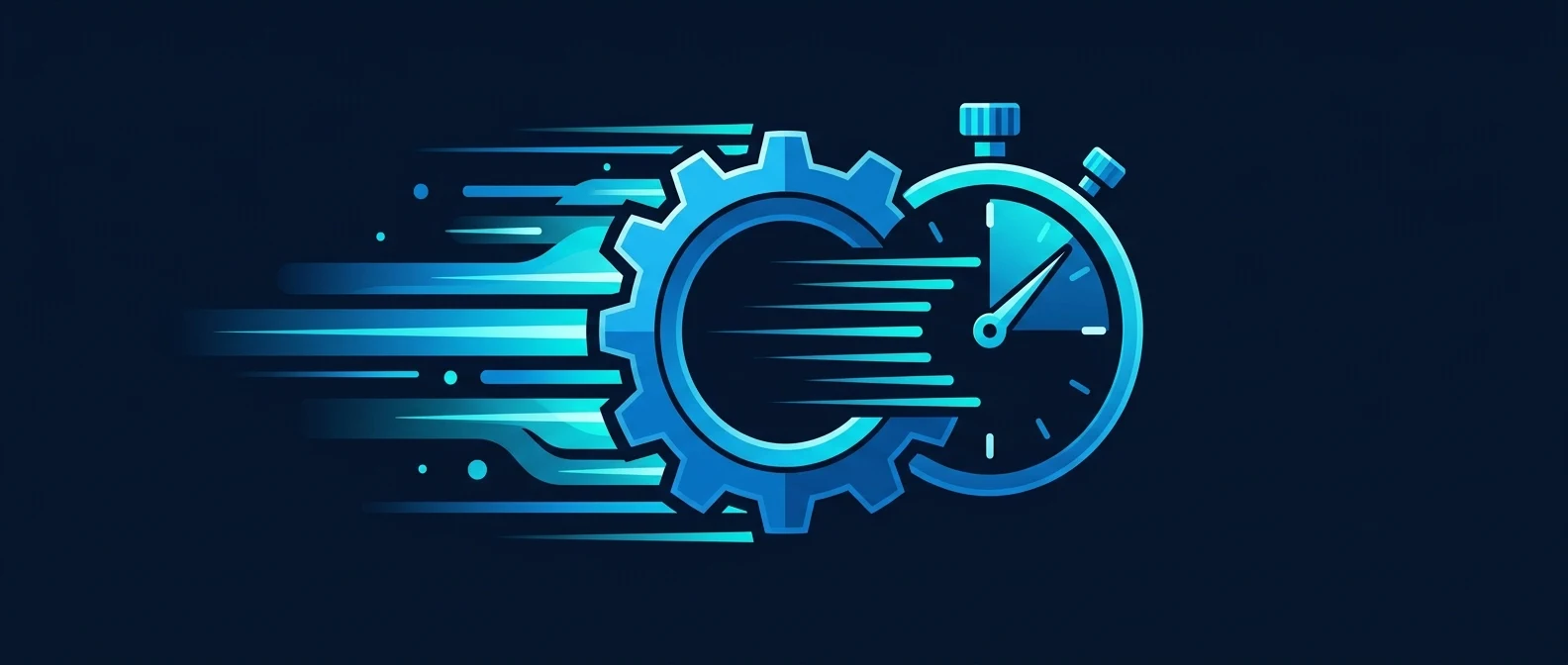 Ilustración de un engranaje y un cronómetro con líneas de velocidad, sobre fondo azul oscuro