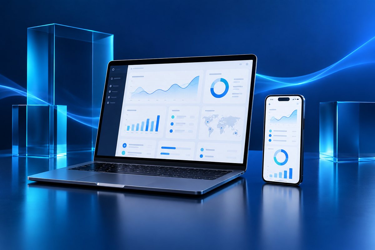 Computador y celular con interfaces de software sobre un fondo azul tecnológico
